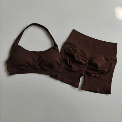 Women’s High Waist Yoga Set – Halter Sports Bra & Shorts