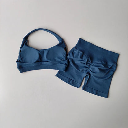 Women’s High Waist Yoga Set – Halter Sports Bra & Shorts