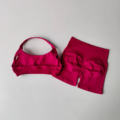 Women’s High Waist Yoga Set – Halter Sports Bra & Shorts