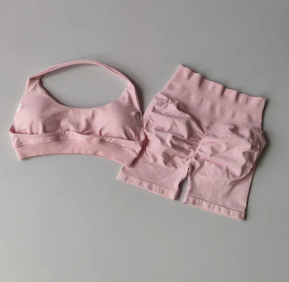 Women’s High Waist Yoga Set – Halter Sports Bra & Shorts