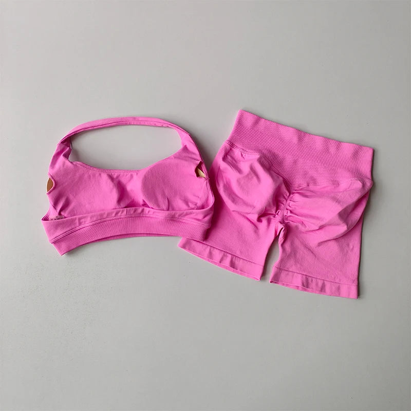 Women’s High Waist Yoga Set – Halter Sports Bra & Shorts