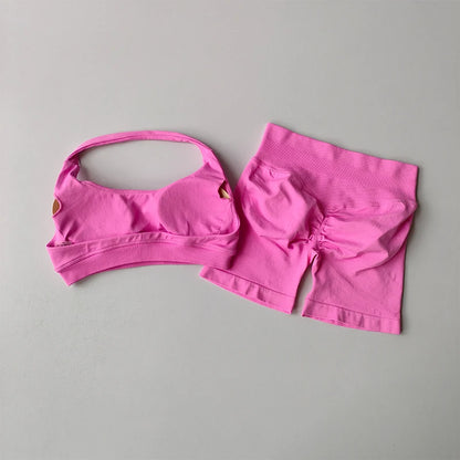 Women’s High Waist Yoga Set – Halter Sports Bra & Shorts