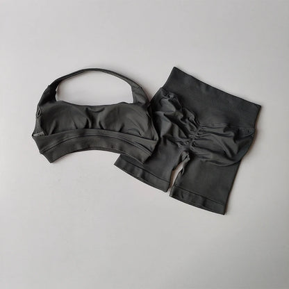 Women’s High Waist Yoga Set – Halter Sports Bra & Shorts