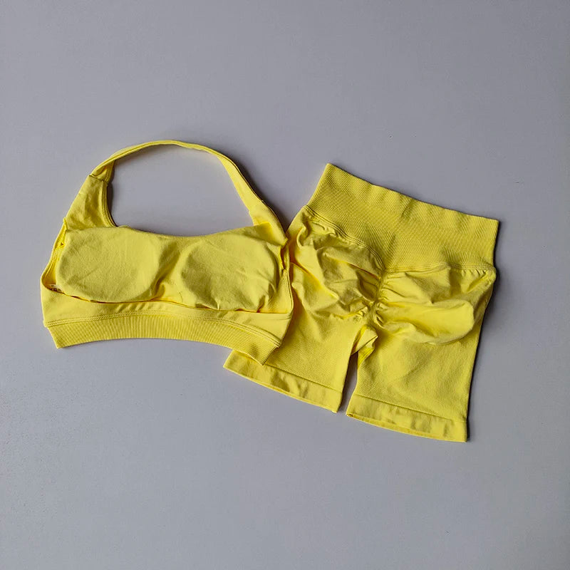 Women’s High Waist Yoga Set – Halter Sports Bra & Shorts