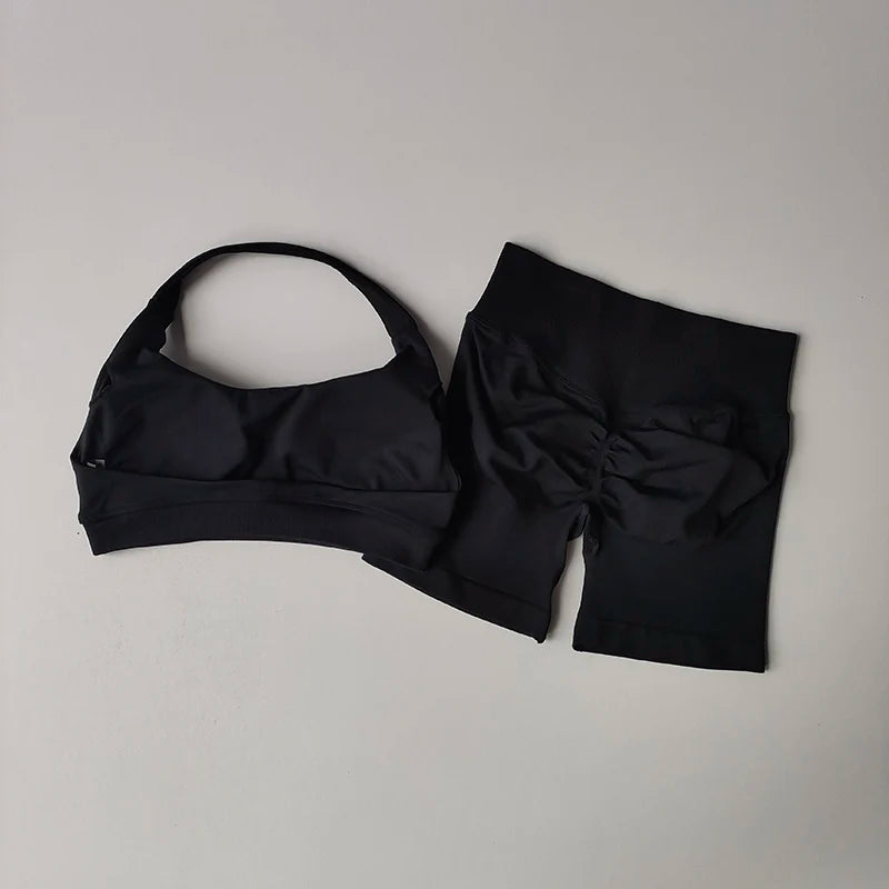 Women’s High Waist Yoga Set – Halter Sports Bra & Shorts