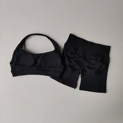 Women’s High Waist Yoga Set – Halter Sports Bra & Shorts
