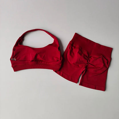 Women’s High Waist Yoga Set – Halter Sports Bra & Shorts