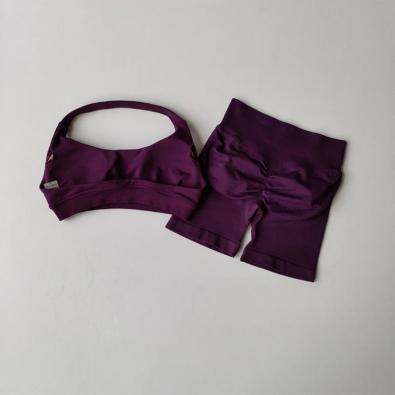 Women’s High Waist Yoga Set – Halter Sports Bra & Shorts