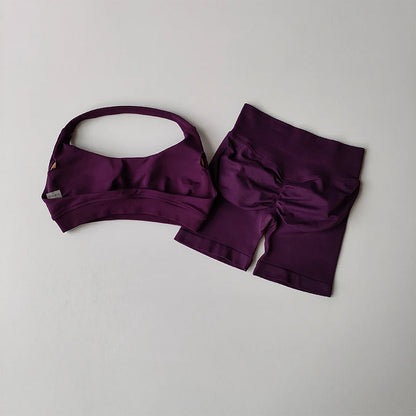 Women’s High Waist Yoga Set – Halter Sports Bra & Shorts