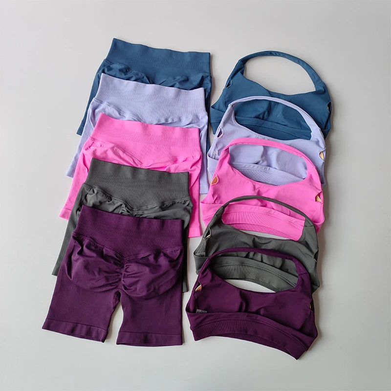 Women’s High Waist Yoga Set – Halter Sports Bra & Shorts