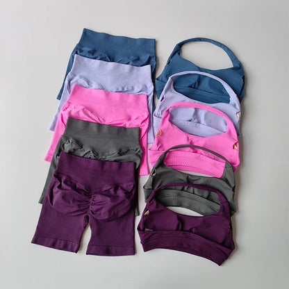 Women’s High Waist Yoga Set – Halter Sports Bra & Shorts